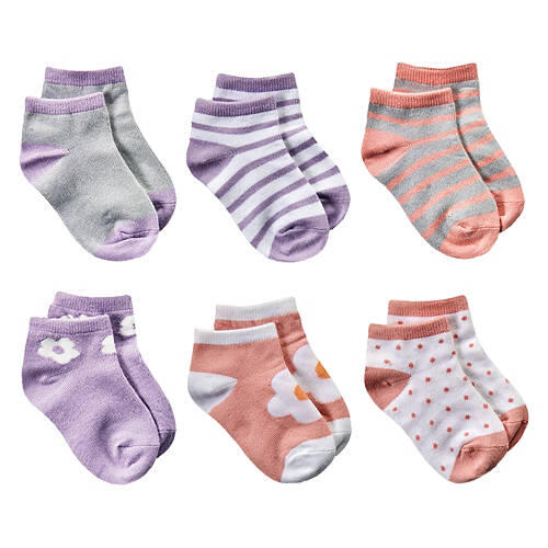 6 Pack Toddler's No Show Socks - Pink/Purple, Small