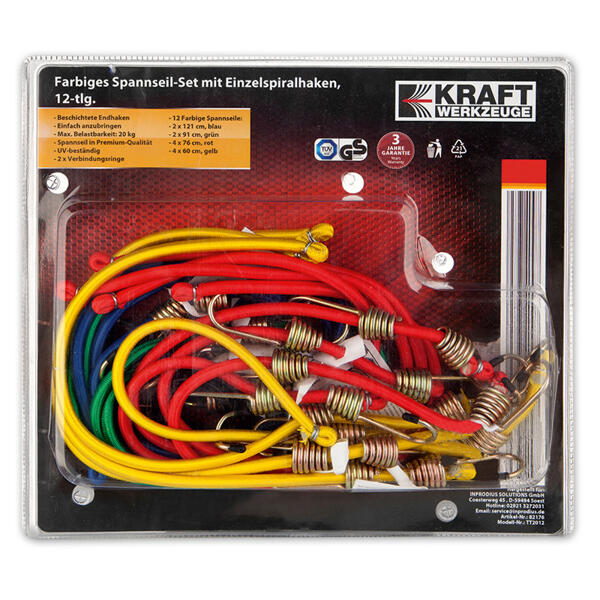 Farbiges Spannseil-Set mit Spiralhaken 12tlg.
