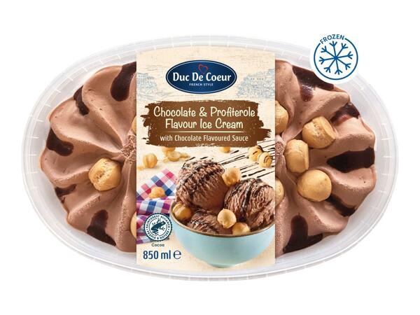 Duc de Coeur Chocolate & Profiterole Flavour Ice Cream with Chocolate Sauce