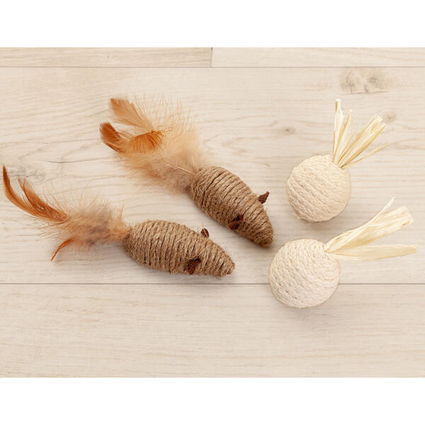 Katzenspielzeug Sisalmaus und -Ball 4er-Set