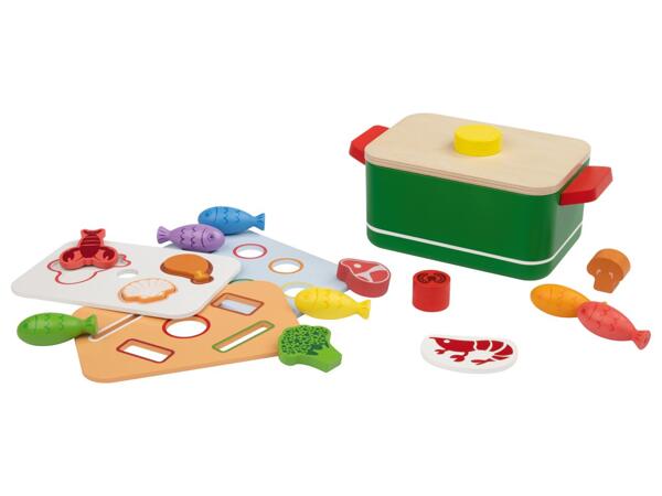 Wooden toy scales or toy saucepan set