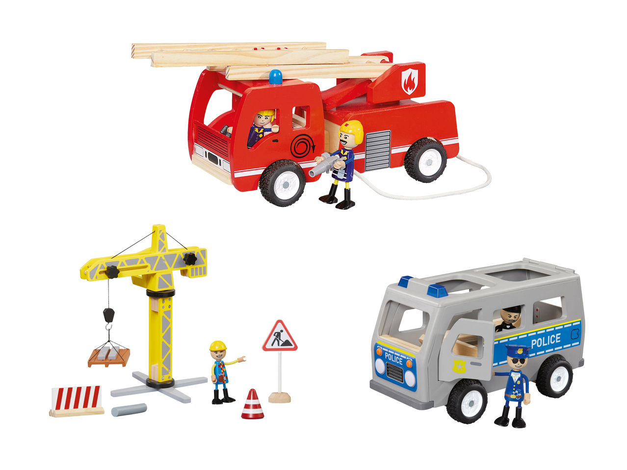 Véhicule en bois avec poupées articulées