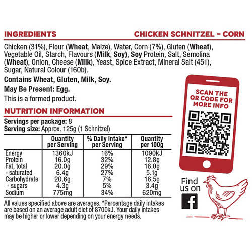 Chicken & Corn Schnitzel 8 Pack 1kg
