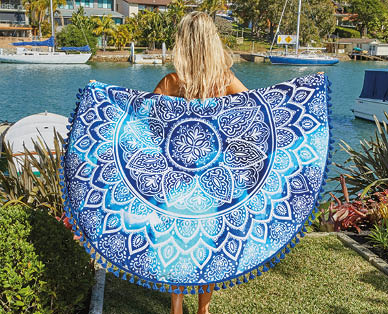 Velour Printed Round Beach Towel with Fringe, Pom Poms or Tassel Edging