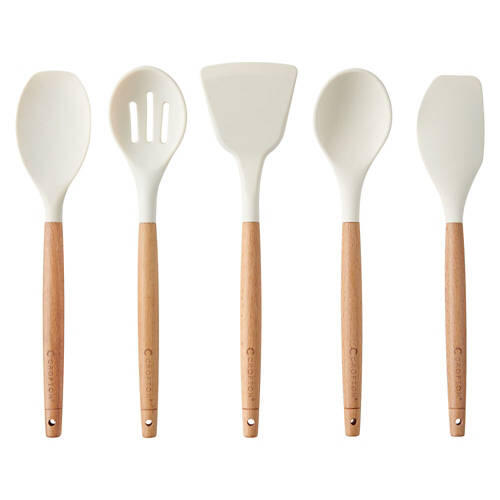 5 Piece Wood & Silicone Utensil Set, Cream