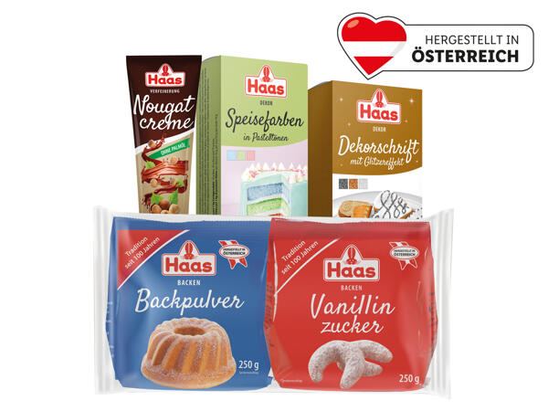 Haas Backpulver/Vanillinzucker, Nougatcreme, Speisefarbe oder Dekorschrift