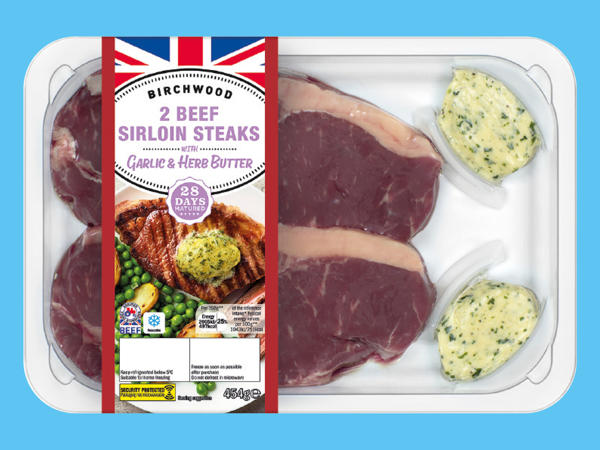 2 Beef 28-Day Matured Sirloin Steaks with Garlic Herb & Butter