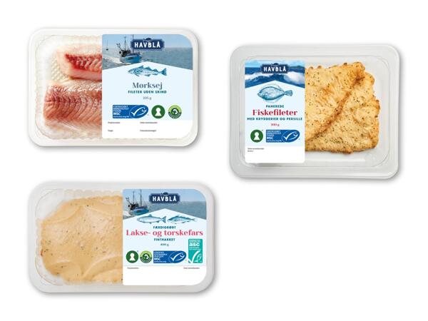 HAVBLÅ Mørk­sejfilet, panerede fiske-fileter eller lakse- og torskefars