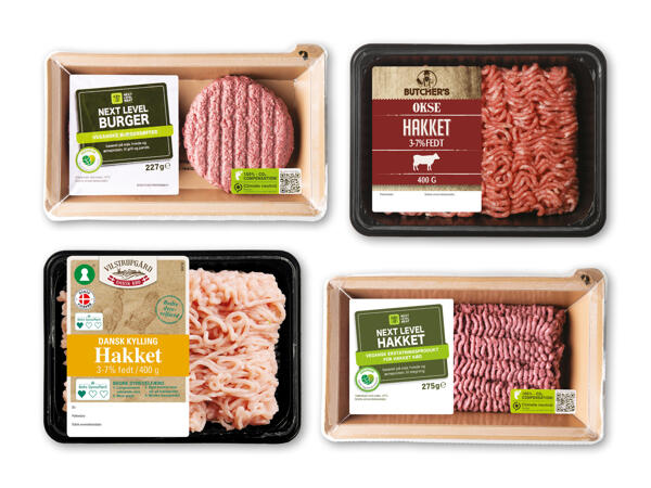 Hakket dansk kylling eller oksekød eller vegansk burger eller hakket