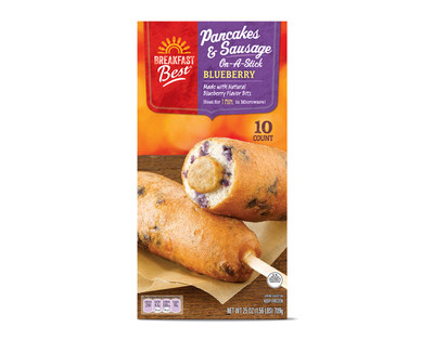 Breakfast Best Blueberry Pancakes and Sausage on a Stick