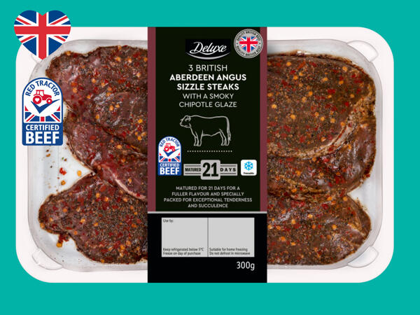 Deluxe 3 Aberdeen Angus British Beef Sizzle Steaks with a Smokey Chipotle Glaze