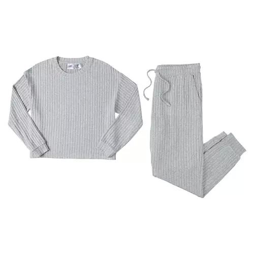 2 Piece Ladies Long Sleeve Loungewear Set - Grey, XL