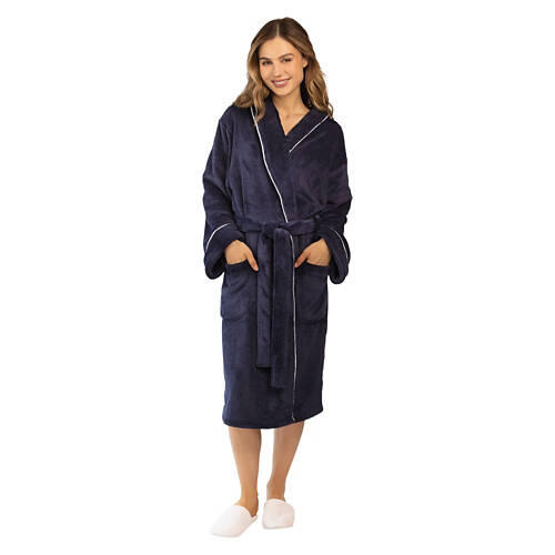 Ladies Micro Plush Bathrobe - Navy Blue, L/XL