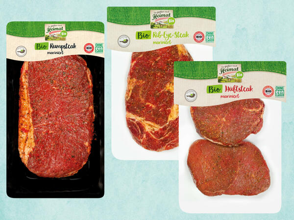 EIN GUTES STÜCK HEIMAT Frisches Bio Hüftsteak, Bio Rib-Eye-Steak oder Bio Rumpsteak, mariniert