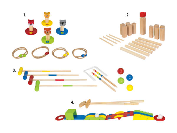Jeu de lancer d'anneaux, 12 pièces/Quilles Kubb, 21 pièces/ Croquet, 20 pièces/Minigolf, 11 pièces (uniquement en Suisse alémanique)