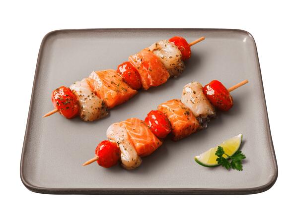Brochette de saumon et silure requin