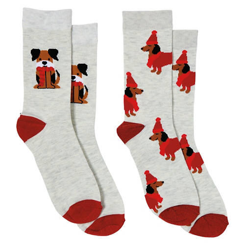 2 Pack Ladies Holiday Socks - Dog/Grey, 4-10