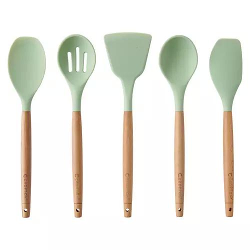 5 Piece Wood & Silicone Utensil Set, Green