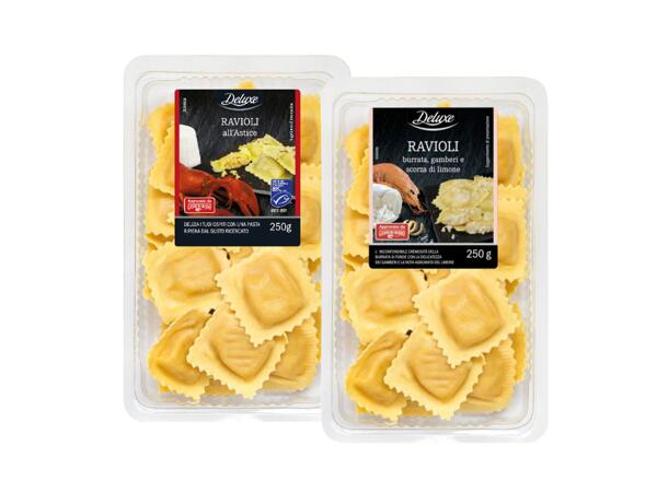 Ravioli with Lobster or with Burrata, Prawns and Lemon Zest