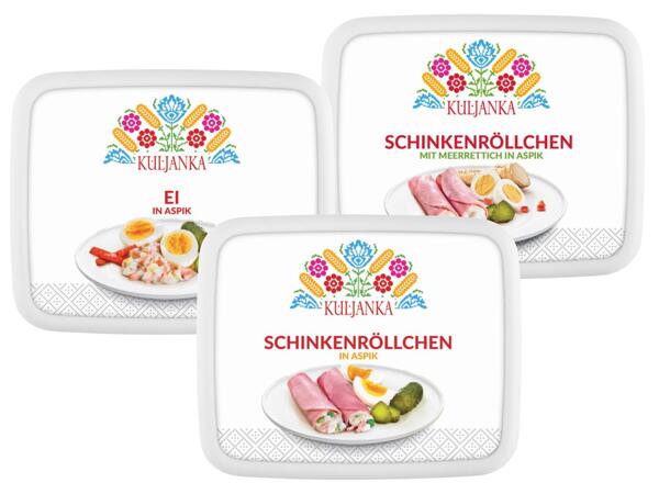 Ei oder Schinkenröllchen in Aspik