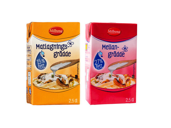 Matlagningsgrädde 15 %, mellangrädde 27 %