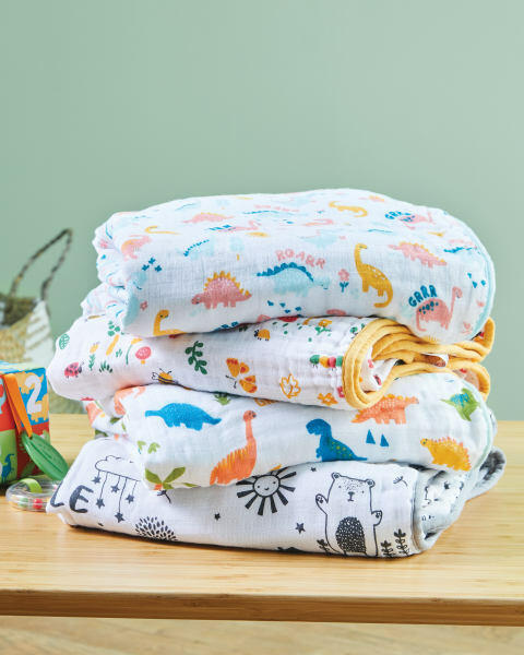 Blue Dinosaur Muslin Baby Blanket