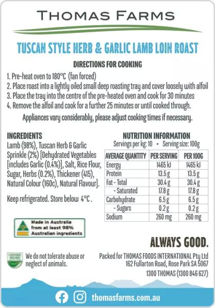 Tuscan Style Herb & Garlic Lamb Loin Roast