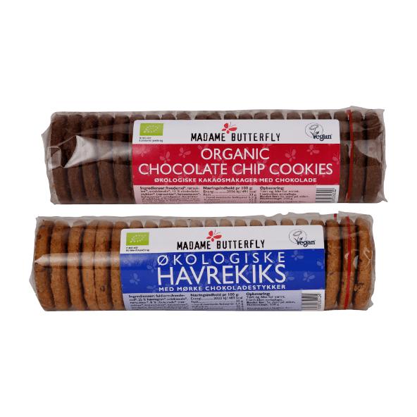 Økologiske havrekiks eller chocolate chip cookies