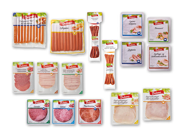Partypølser/ Kabanossi/ Kyllingepølser/ Salami/ Kalkun- eller kyllingebryst/ Kalkun- eller kyllingepålæg/ Kødpålæg