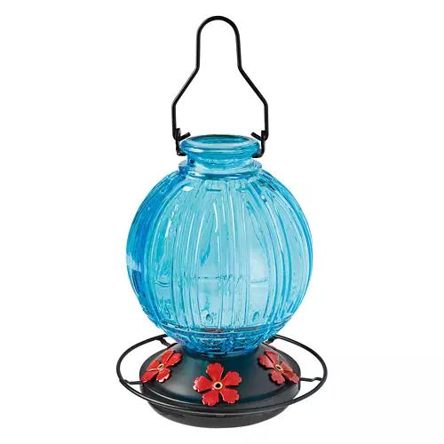 Hand Painted Hummingbird Glass Feeder, Blue