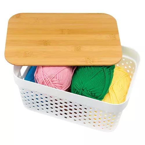 White Storage Basket with Bamboo Lid