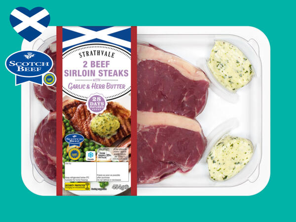 2 Beef 28-Day Matured Sirloin Steaks with Garlic & Herb Butter