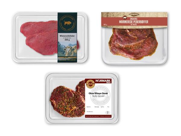 NØRMARK MEAT/​VILSTRUPGÅRD/​HIMMERLANDSKØD Ribeyesteak, peberbøf eller wienerschnitzel