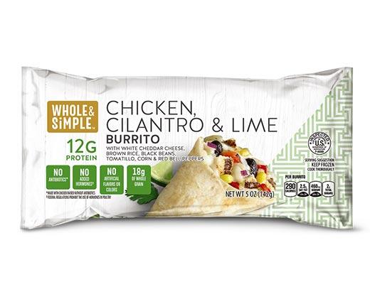 Whole & Simple 
 Steak & Cheddar or Chicken Cilantro Lime Burrito