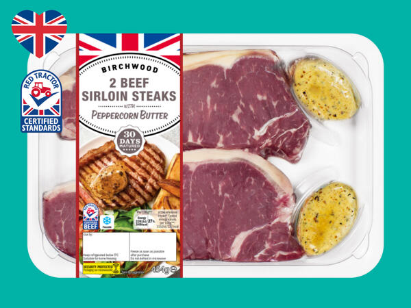 Birchwood 2 British Beef Sirloin Steaks with Peppercorn Butter