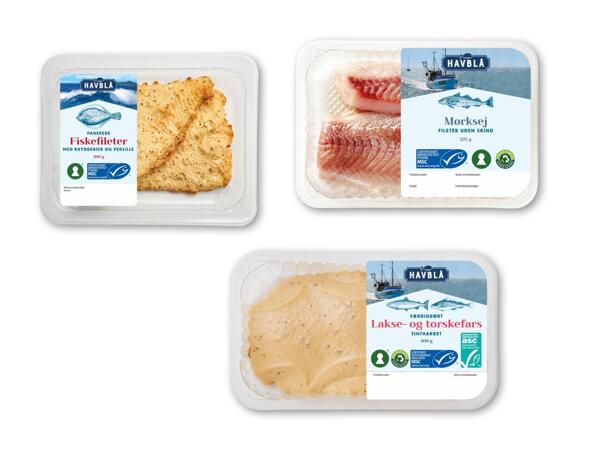 Lakse- og torskefars, panerede fiskefileter eller mørk­sejfilet