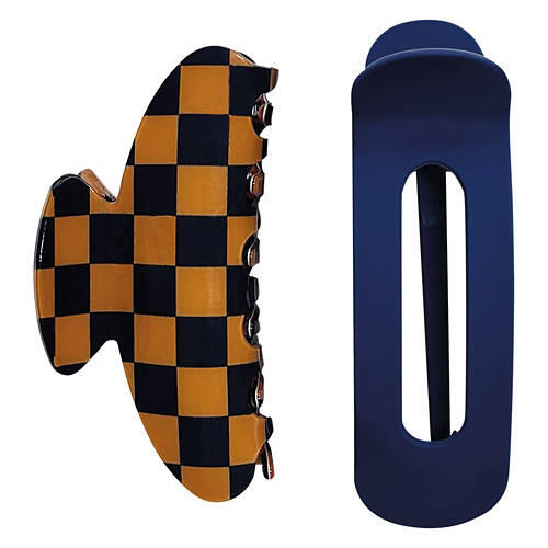 2 Pack Claw Clips, Blue/Brown Checkered