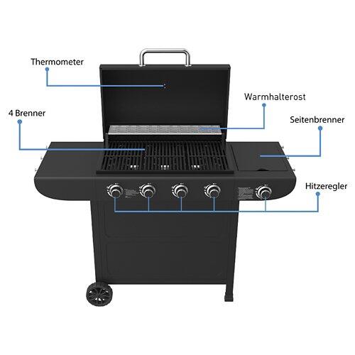 MR GRILL Gasgrill 4 Brenner + Seitenbrenner schwarz