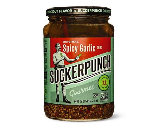 SuckerPunch Pickles 
 Spicy Garlic Chips or Bread & Butter Chips