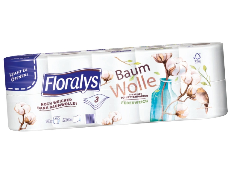 FLORALYS Toilettenpapier mit Baumwollfasern 10x 200 Blatt