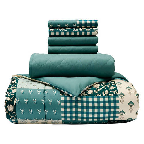 6 Piece Queen Size Reversible Comforter & Coverlet Set, Patchwork