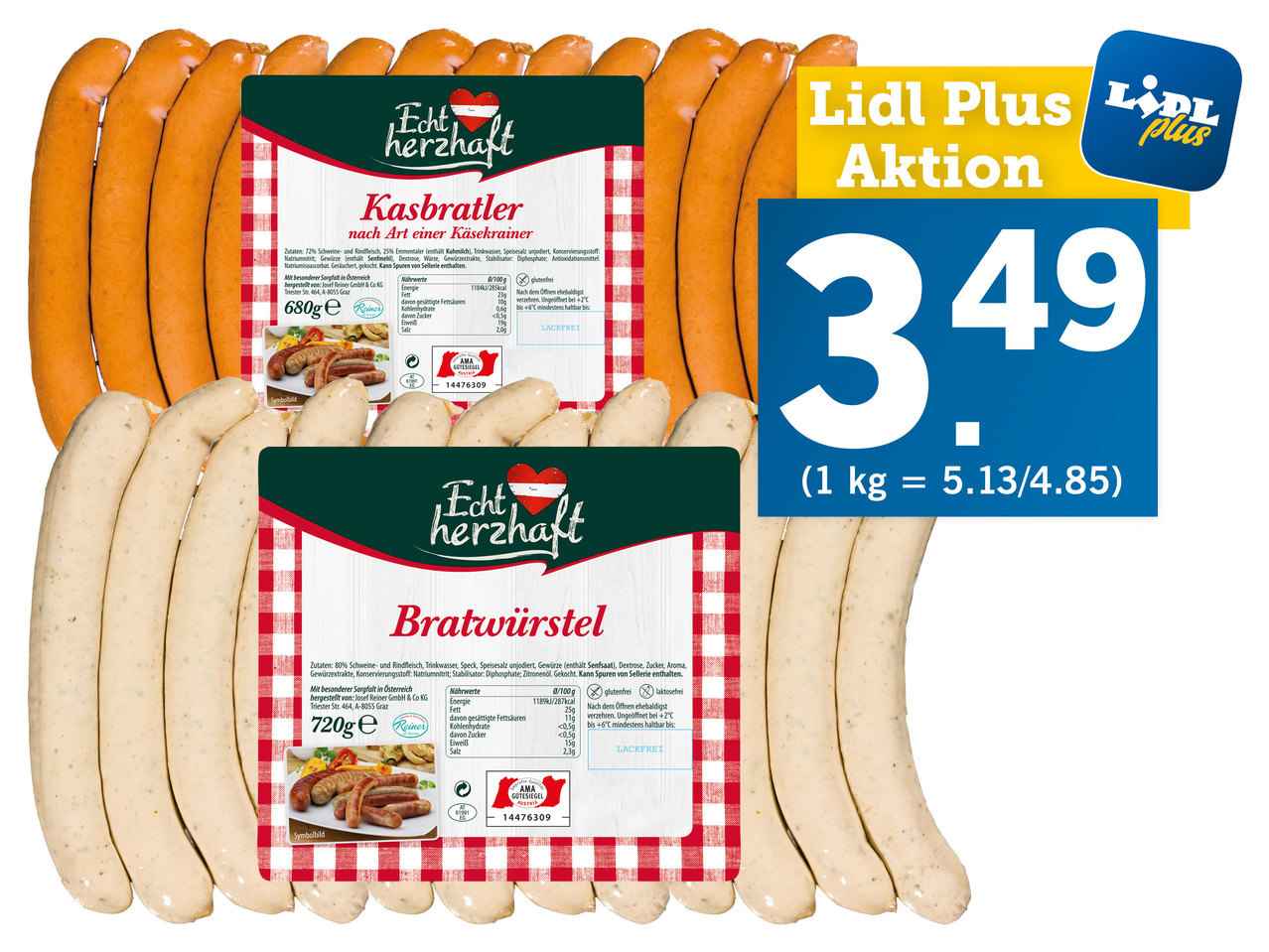 ECHT HERZHAFT Bratwürstel oder Kasbratler