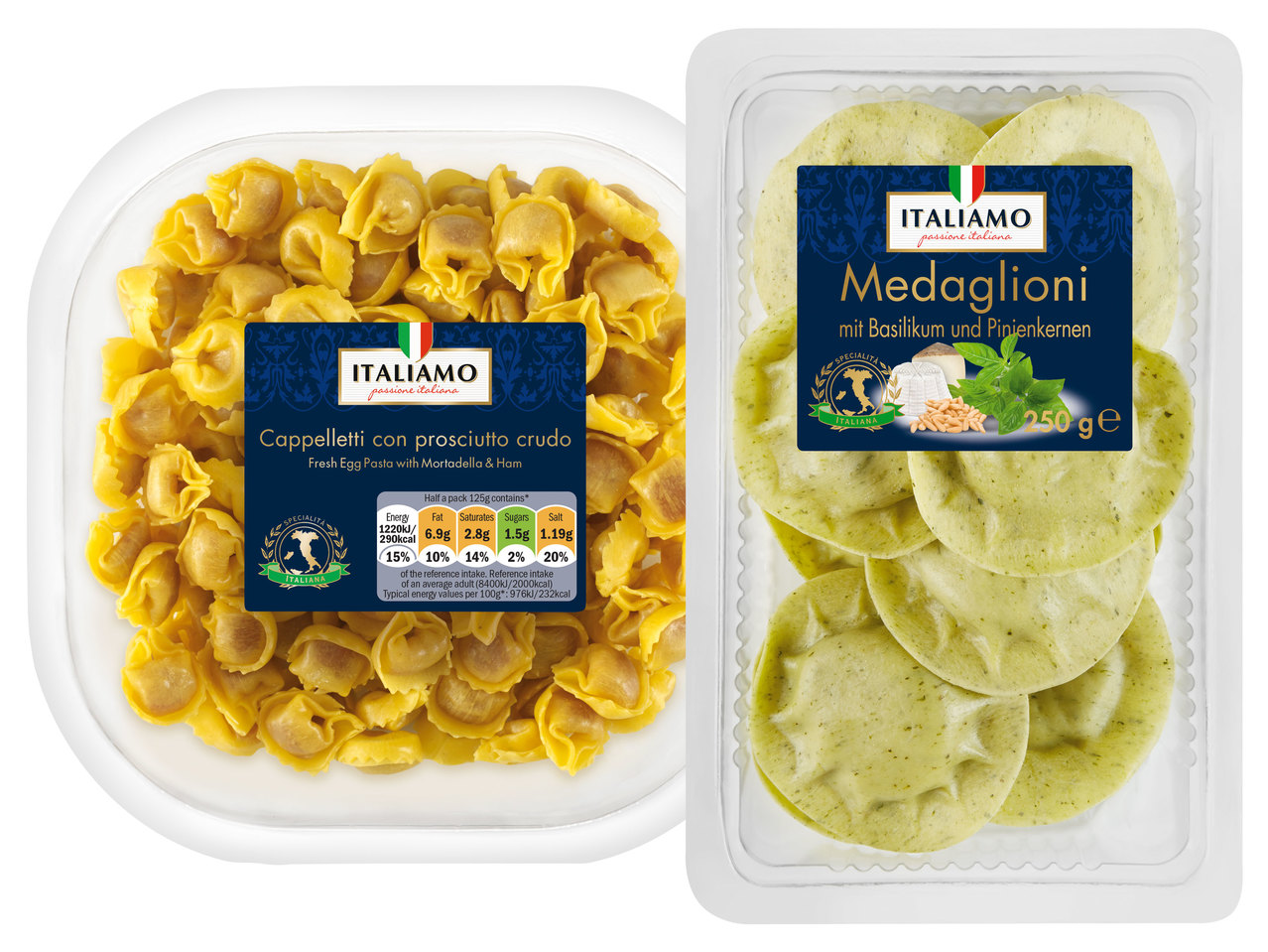 ITALIAMO Frische Cappelletti mit Rohschinken oder Medaglioni mit Basilikum und Pinienkernen
