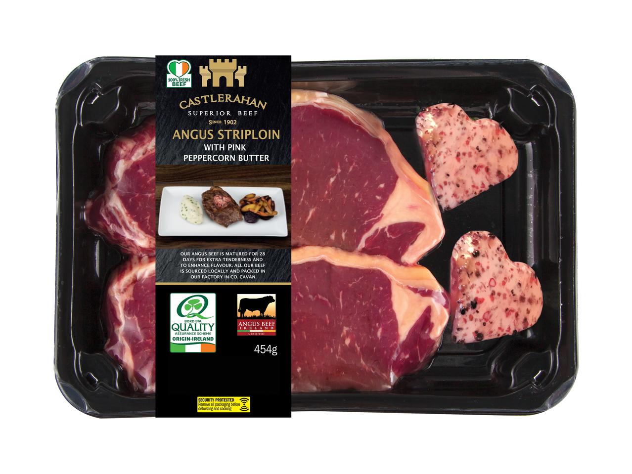 CASTELRAHAN 2 Fresh Irish Angus Striploin Steaks with Heart Shaped Pink Peppercorn Butter