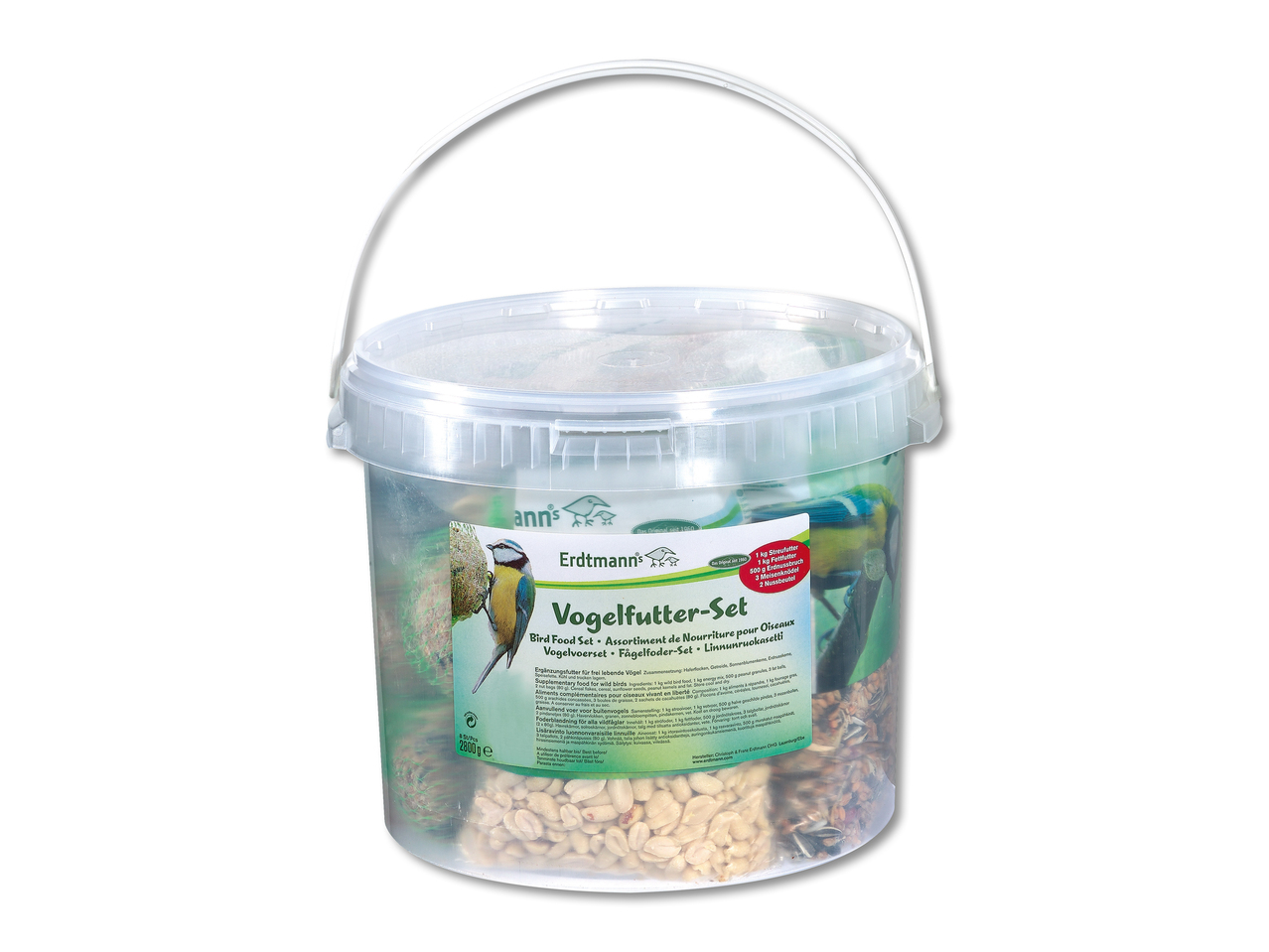 Vogelfutter-Set im Plastikeimer