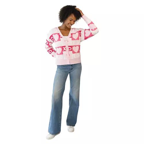 Ladies Valentine's Day Cardigan Sweater - Pink, M