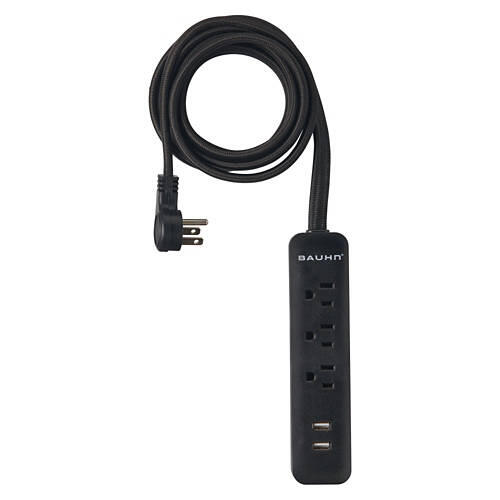 3 Outlets & 2 USB Port Fabric Power Extension Cord, Black