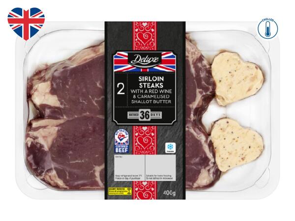 Deluxe 2 British Beef Sirloin Steaks with a Red Wine & Caramelised Shallot Butter 