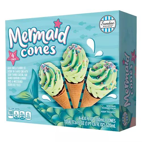 Green Colored Vanilla Flavor Mermaid Cones, 4 count